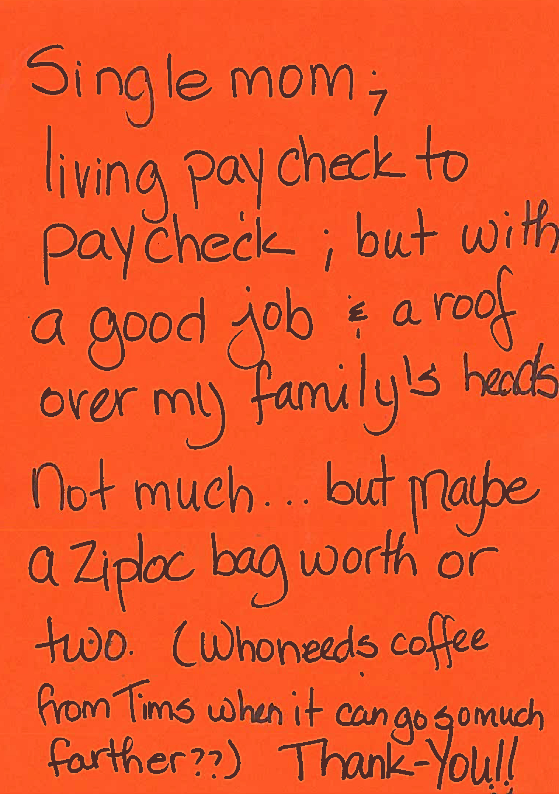 Single mother - Warming the homeless letter - FRONT